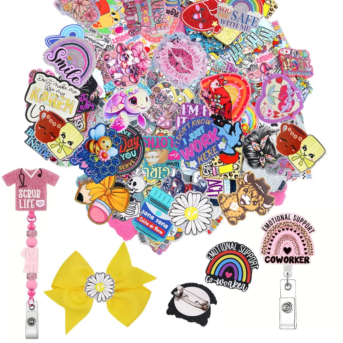 Elegant Glitter Acrylic Toppers, 50-Piece Set of Assorted Badge Decorations for DIY Crafts and Badge Reels, Badge Decoration