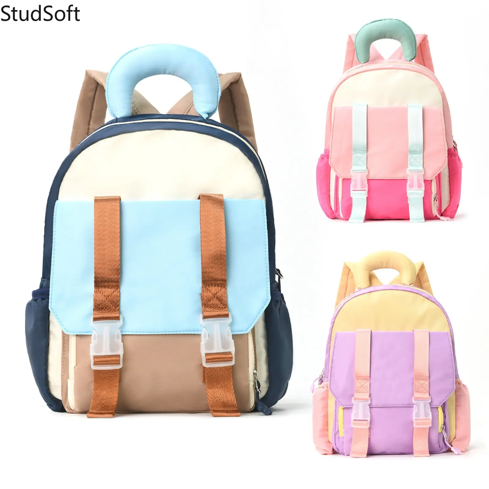 Trendy Color Block Backpack Kids Cute Nylon Mini Rucksack Waterproof School Daypack Soft Handle Knapsack for Toddler Boys Girls Travel Multi Color