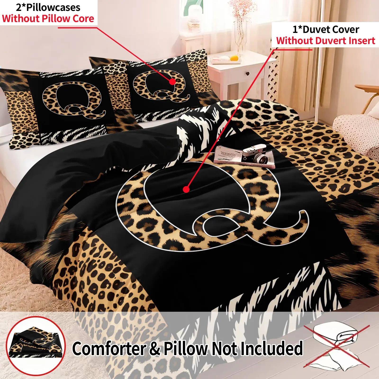 Mixed Spliced Leopard Print Initial Q-X Duvet Cover Set, Custom Personalized Bedding, 1 Duvet Cover + 2 Coreless Pillowcases, Soft Comfortable Breathable All Season Use, Youth Bedroom & Dorm Decor, Gift For Leopard Lovers
