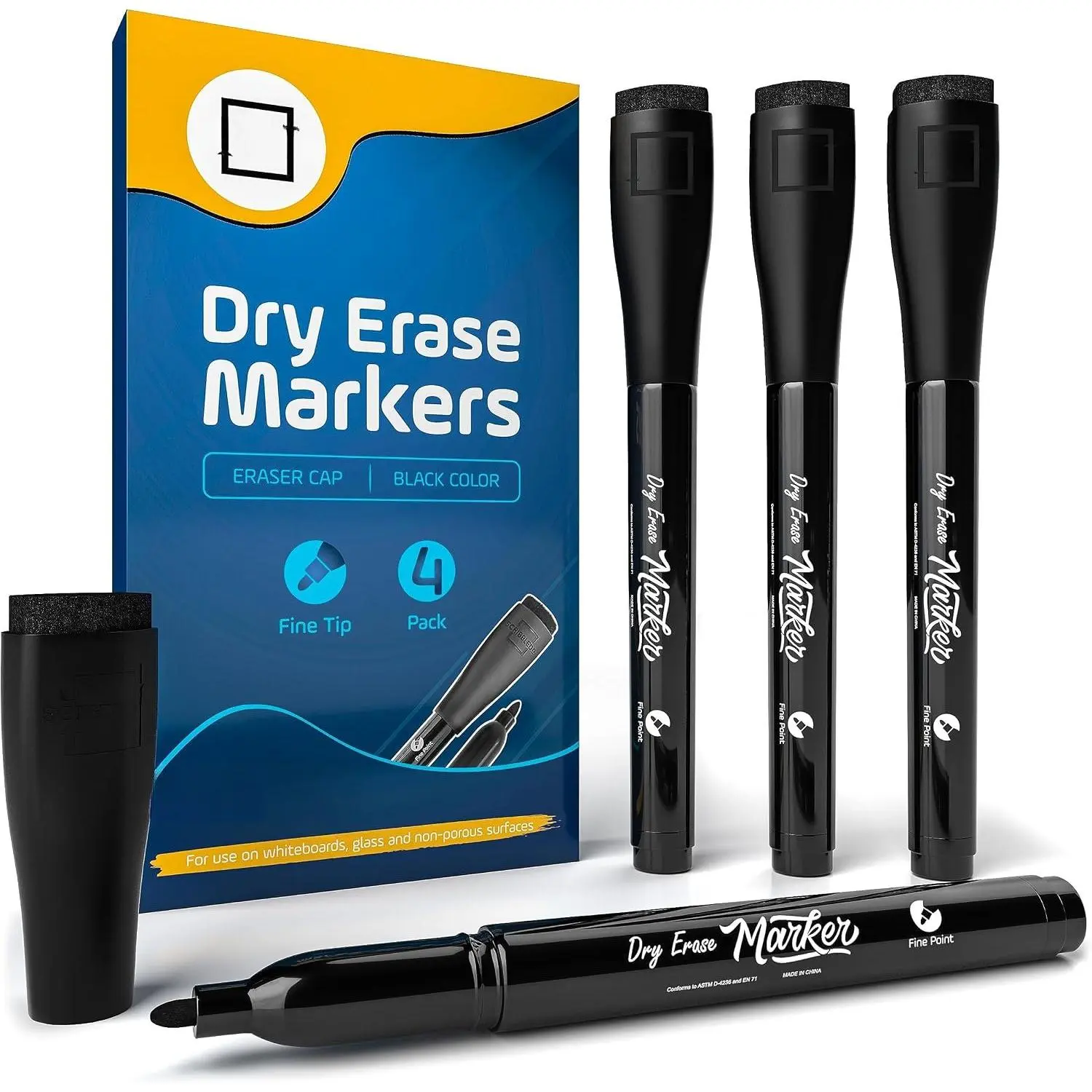 4 Pack Fine Tip Dry Erase Markers Black Low-Odor Whiteboard Markers with Eraser Cap for Office Meetings Planning Boards &  Workspace