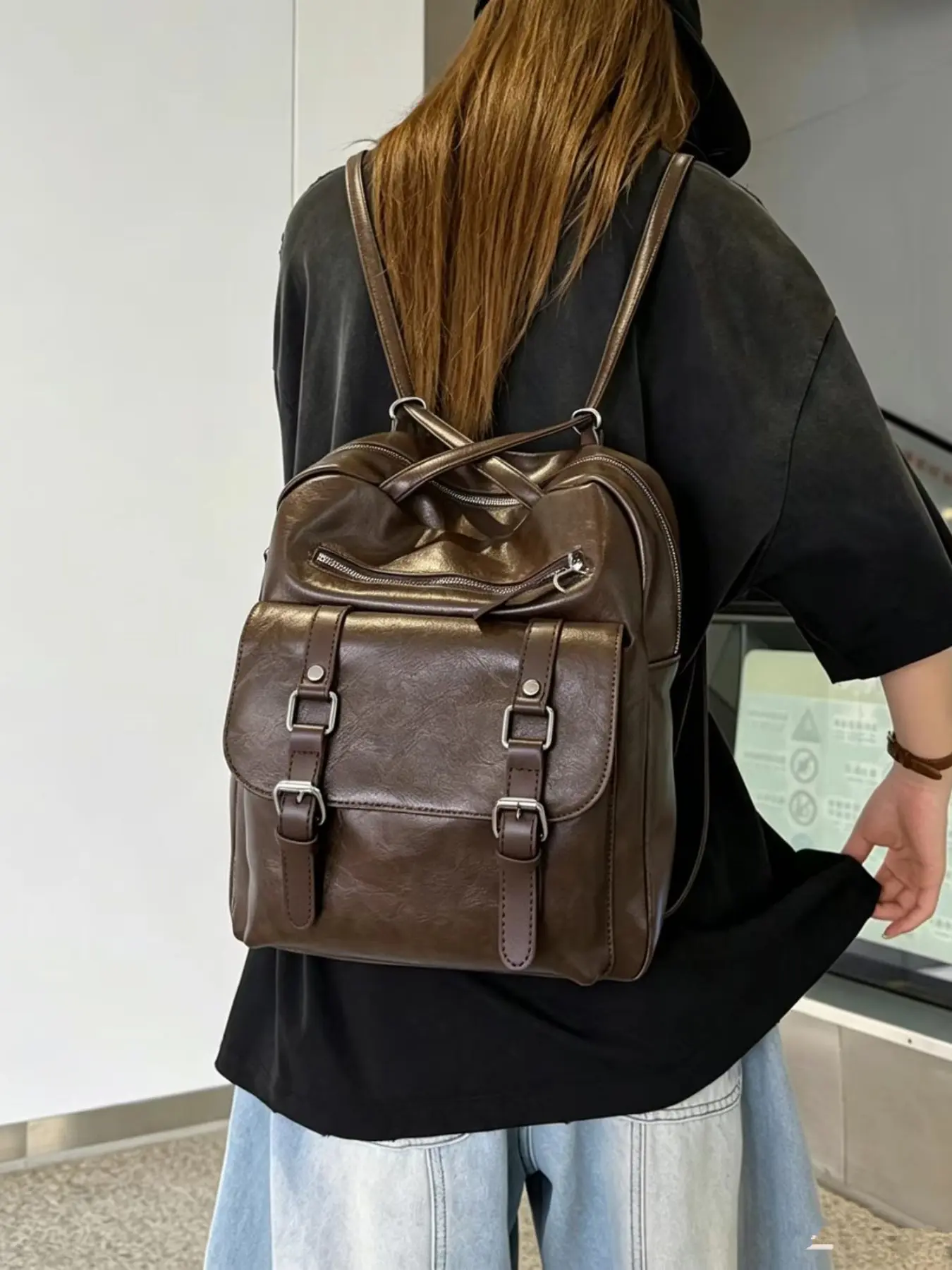 Vintage Wax Leather Backpack, Textured Folded Design, Dual Webbing Buckles, Multi-Layer Storage, Tablet Friendly, Unisex, Casual Travel Bag, Unbranded Backpacks