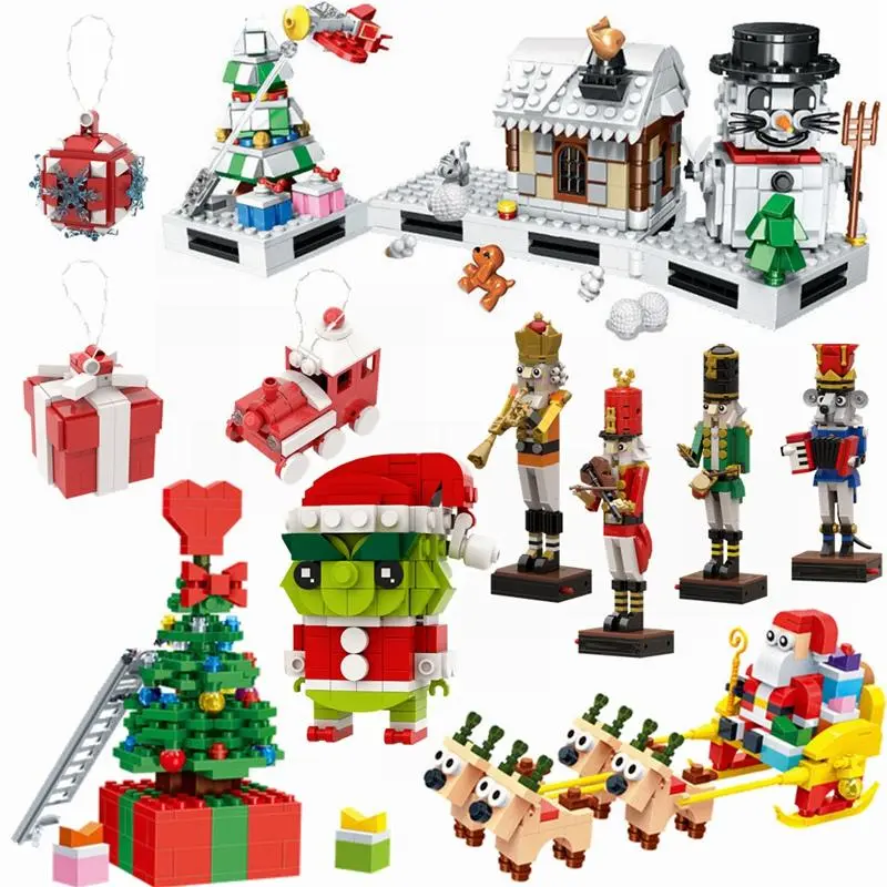 Christmas Gifts Train Santa Claus Elk Sled Merry Christmas Tree Model Building Blocks Toys for Children Kids Xmas Gift New Year