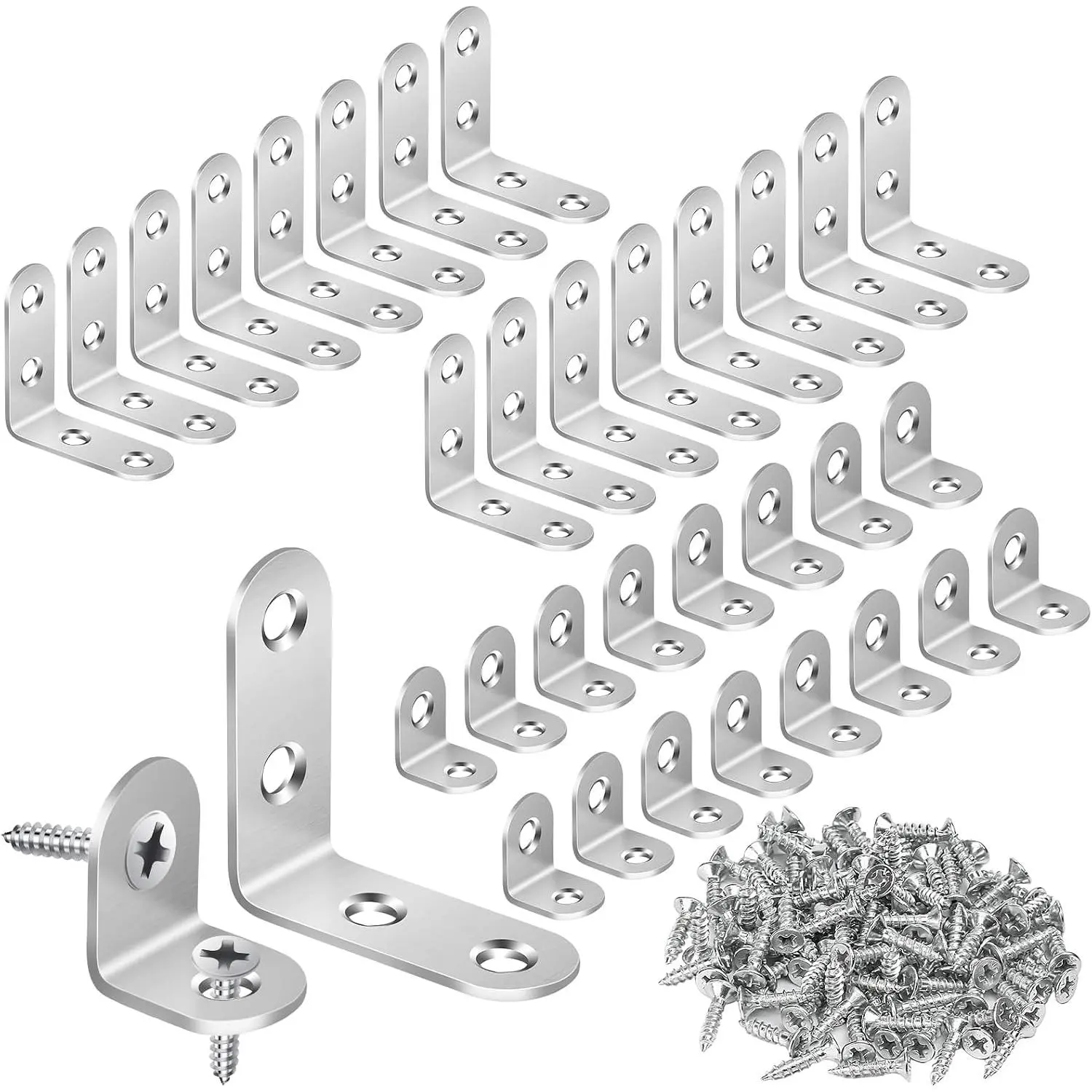 32 count L Bracket, Heavy Duty L Brackets for  Shelves, with 100* Screws, 90  Stainless Steel Corner Angle Bracket Metal Shelf Brackets Corner Cabinet, 16*(1.6x1.6in), 16*(0.8x0.8in)