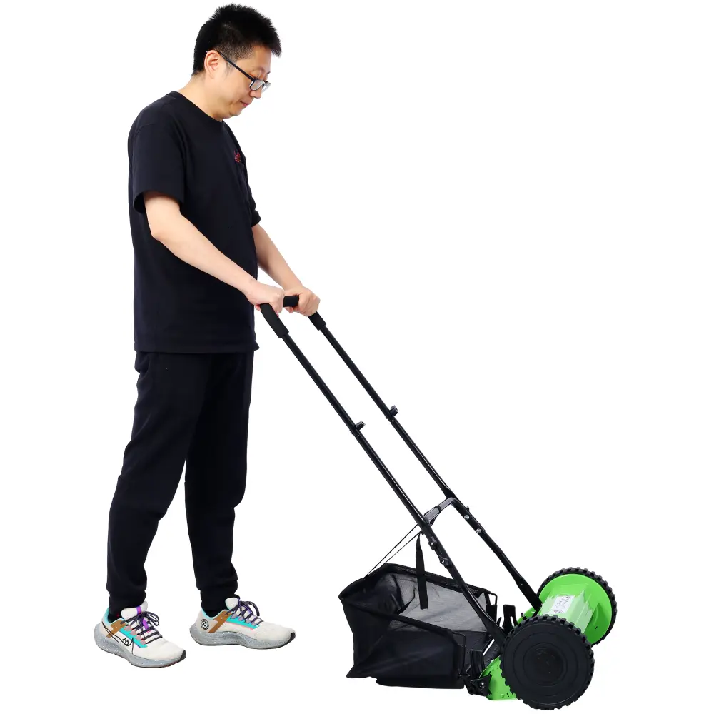 16-Inch 5-Blade Push Reel Lawn Mower with Grass Catcher, Manual Walk Behind Lawn Mower for Yard Garden, Eco-Friendly Non-Gas Push Mower, Adjustable Cutting Height Hand Reel Mower, Green Color for Small Lawns Outdoor Grass Care