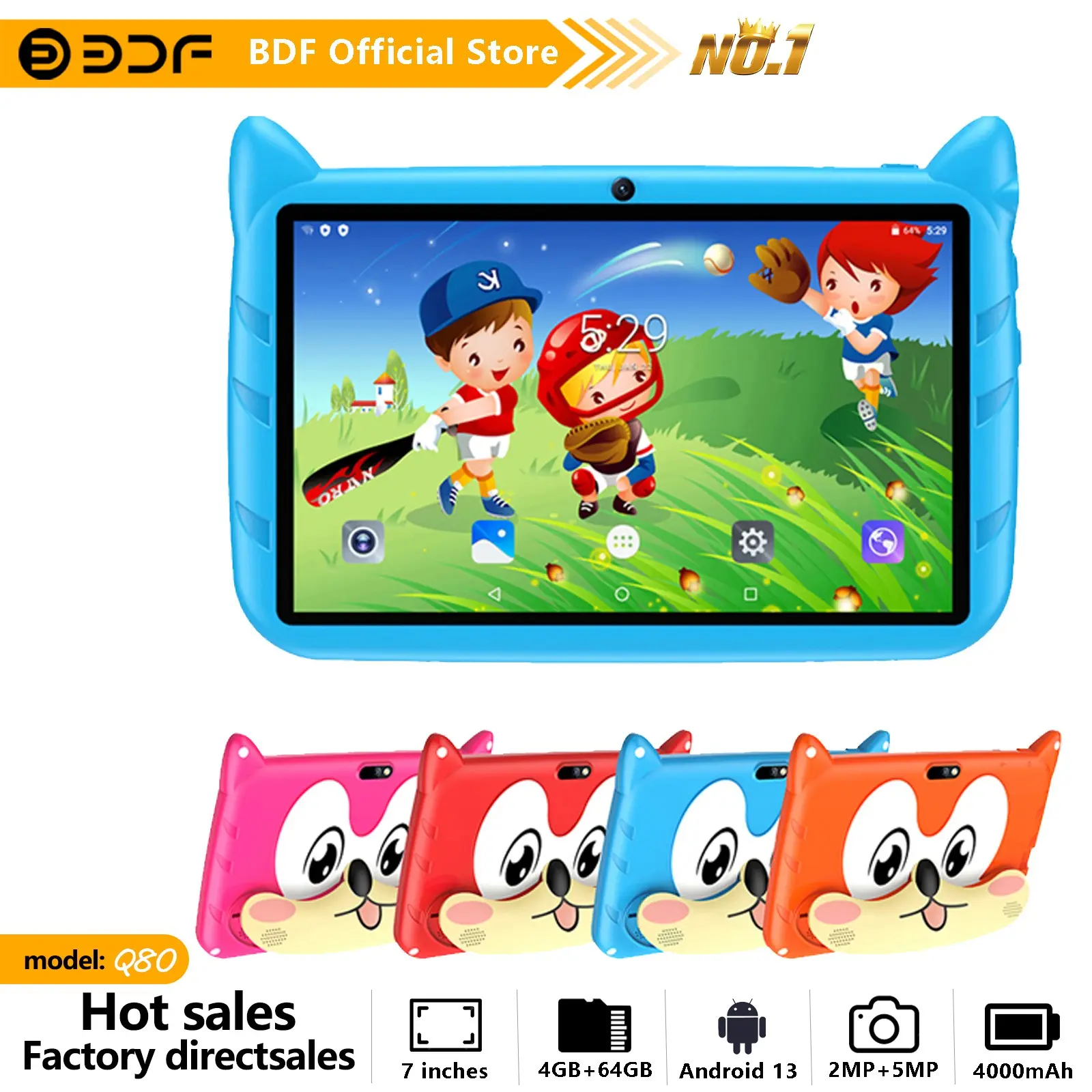 Bdf 7-Inch Android 13 Tablet with Education Software, USB Charging, Quad-Core Processor, 4GB RAM, HD IPS Display, 64GB Storage, 4000mah Battery
