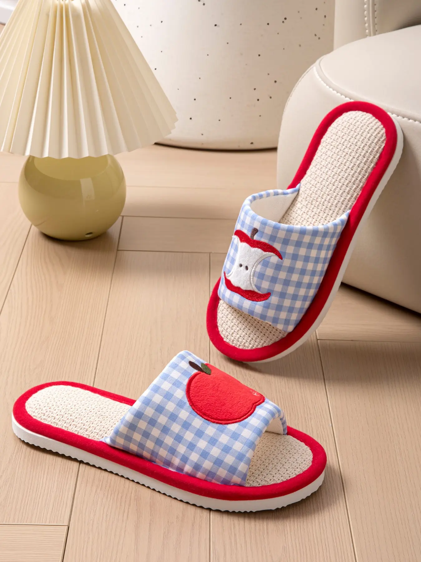 New Summer Linen Open-Toe Slippers, Fashionable Apple Pattern Couple Shoes, Comfortable Home Footwear, Trendy and Versatile Design