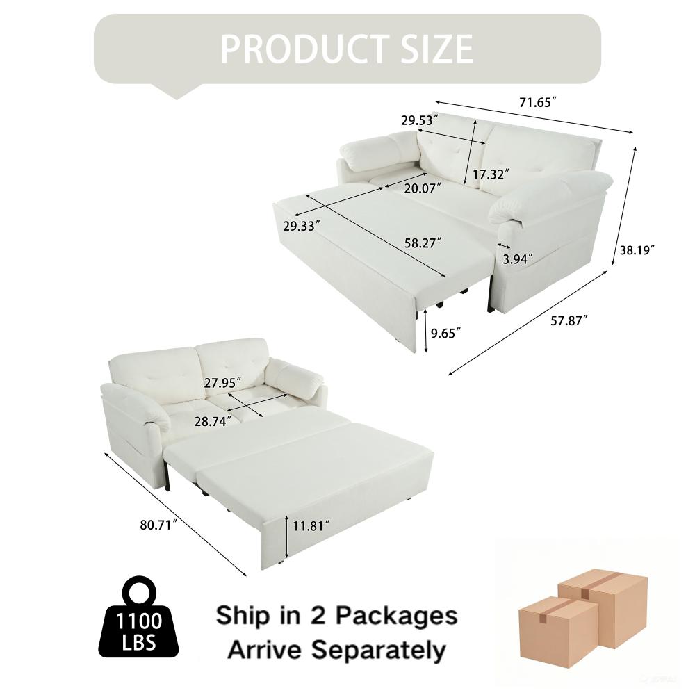 71''Convertible Pull-Out Queen Sleeper Sofa, 3-in-1 Sofa Bed with Side Storage & 8 Silent Casters, Thick Padded Chenille Loveseat for Living Room, Bedroom, Apartment,Beige