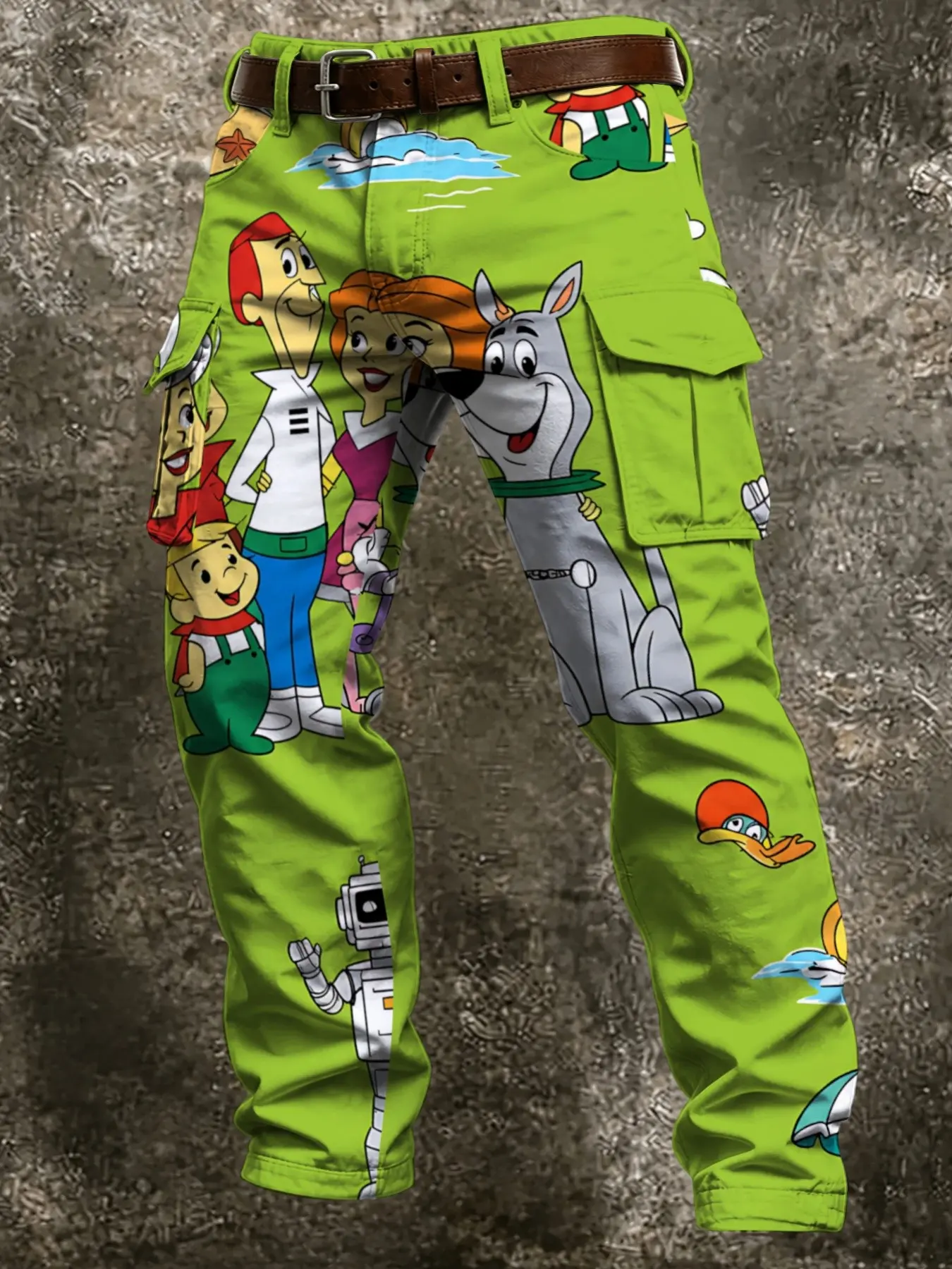 Men's Retro Cartoon Anime Full Print Cargo Pants, Multi-Pocket Straight Leg Casual Trousers, Fun Cartoon Print Trendy Outdoor Workwear