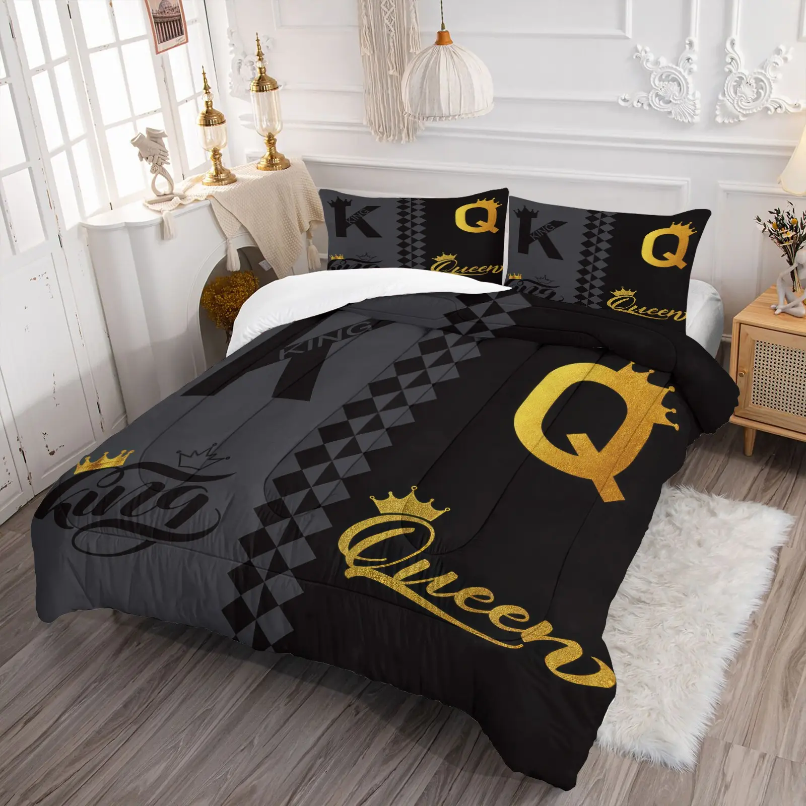 King&Queen Black Gray Gold Luxury Couple Comforter Set & 1-2 Coreless Pillowcases,  Light Luxury Black Gray Gold Large KQ Letter Crown Diamond Geometric Print,Ideal Gift For Master Bedroom, Wedding, Anniversary, Valentine’s Day, Housewarming
