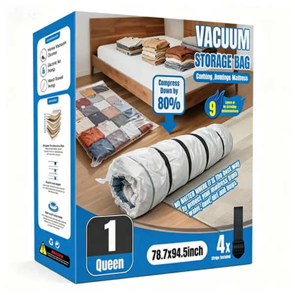 Heavy Duty Vacuum Storage Bags for Moving, Space Saving Compression Bags for Bedding, Reusable Vacuum Seal Bags for Clothes and Blankets, Extends Storage Capacity, No Pump Needed, 1 Queen/Full/Full-XL