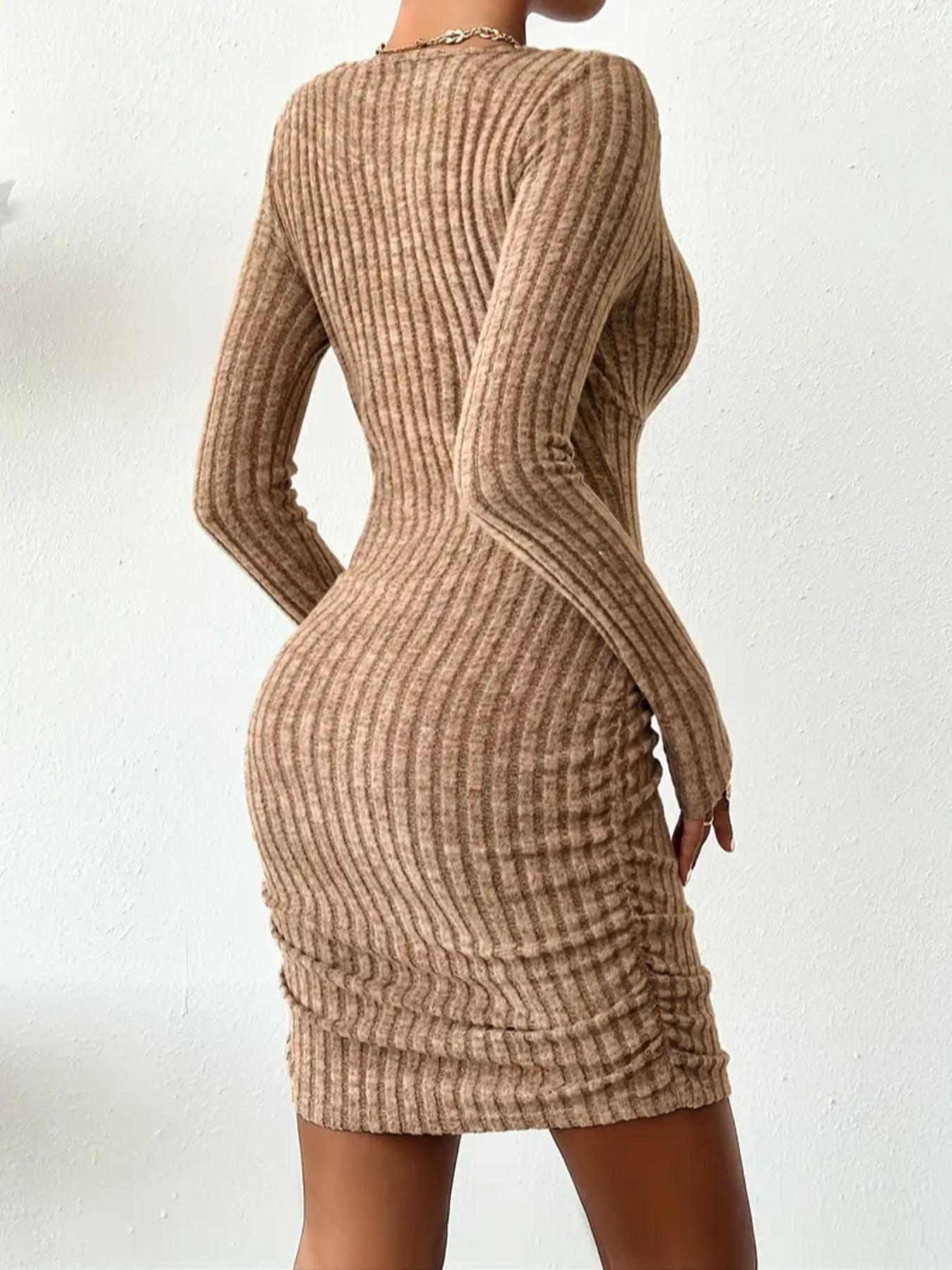 Women's Striped Deep V Neck Bodycon Dress, Comfortable Soft Casual Long Sleeve Tight Sleeve Short Dress for Fall & Winter, Ladies Clothes for Daily Wear, Womenswear