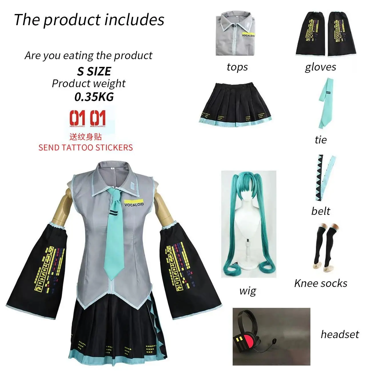 2026 new hot item Anime Character Performance Clothes Hatsune Miku MIKU Anime Clothes Cosplay Clothes JK Skirt Same Suit Wig Accessories Halloween