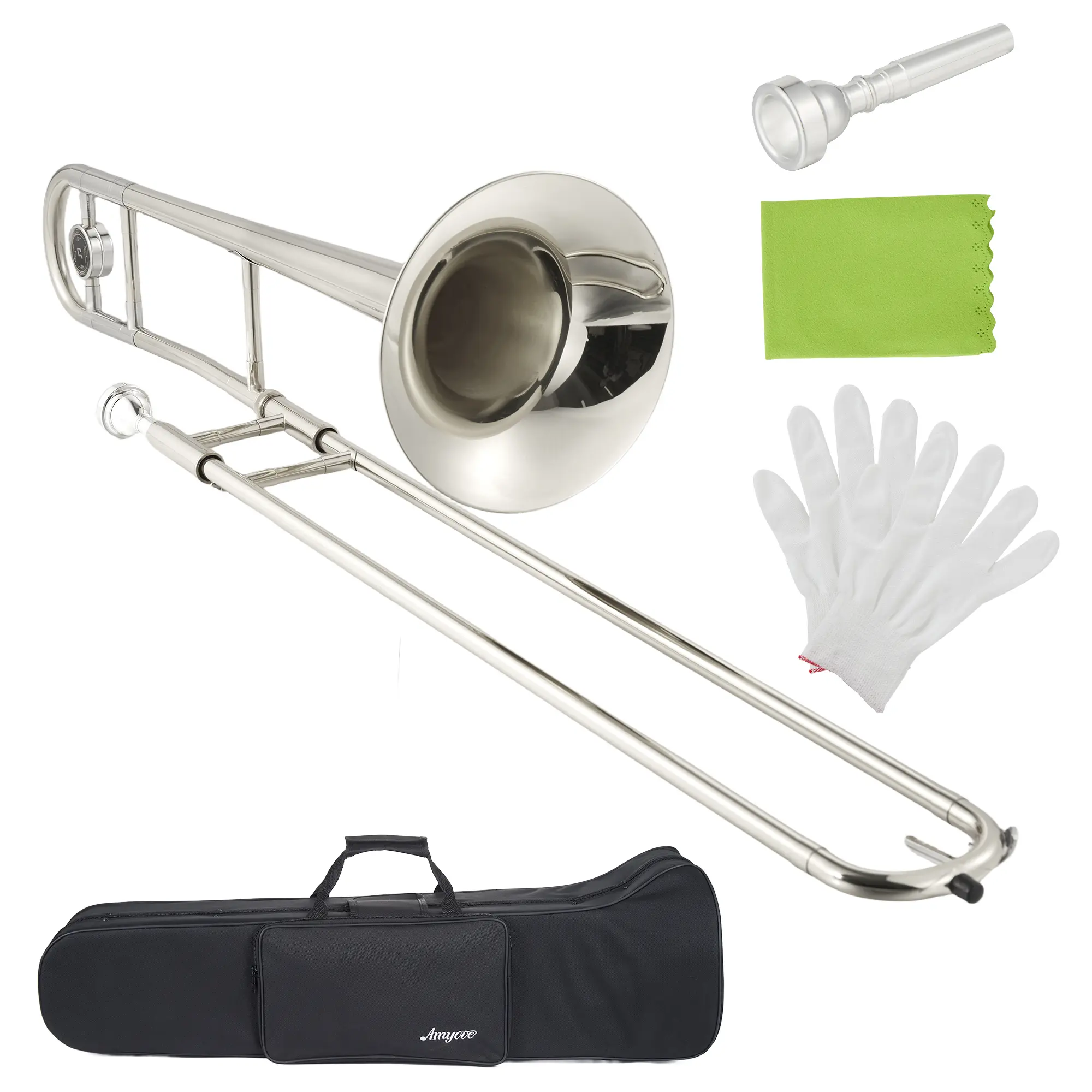 Bb Alto Trombone Beginner Starter Kit, Nickel-Plated Brass Construction, Comes with Carrying Case, Mouthpiece, Gloves & Cleaning Cloth, Stable Accurate Tone & Rich Powerful Sound, Perfect for Students, School Band & New Players, Unisex, 1X Alto Trombone
