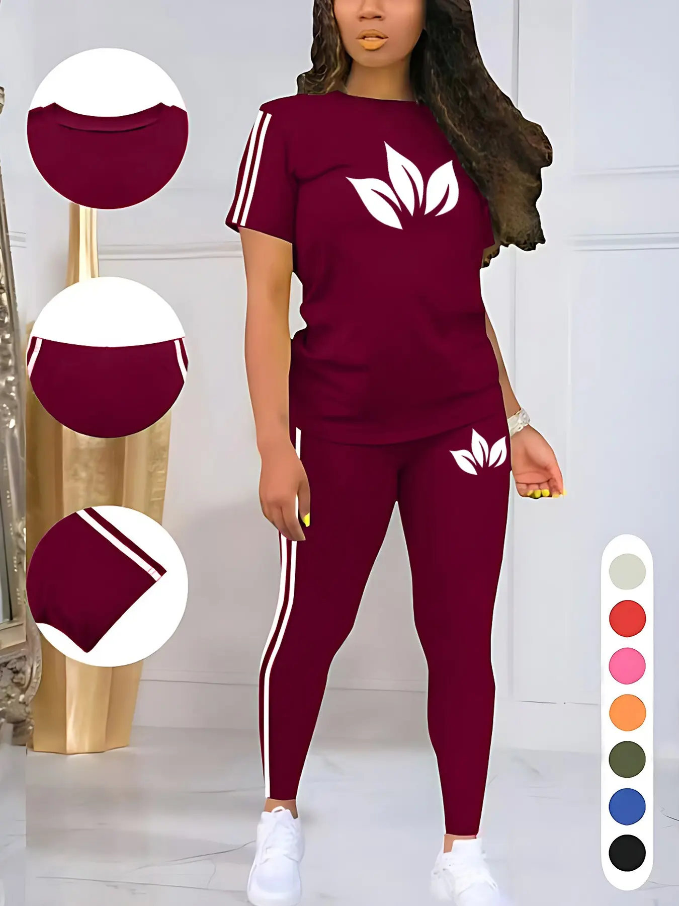 Women's Leaf Print Casual Sporty Design Round Neck Drawstring Short Sleeve and Long Pants Set, Fitted Letter Pattern Clothing, Casual Sportswear Outfit