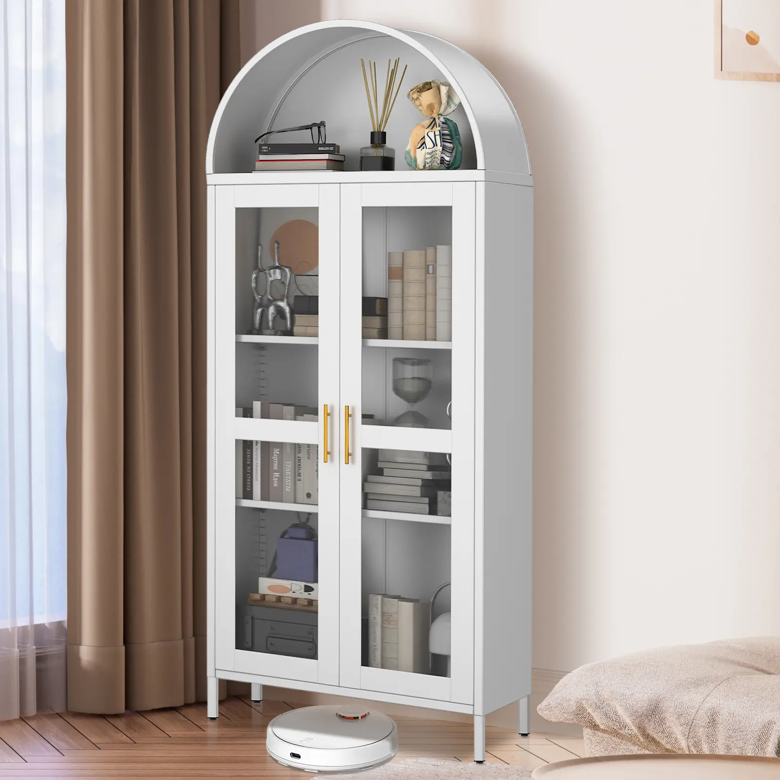 73" Tall Arched Metal Bookcase, Freestanding Steel Display Cabinet with Adjustable Shelves, Open & Glass Door Storage Organizer, Modern Farmhouse Bookshelf for Home Office, Living Room, Kitchen