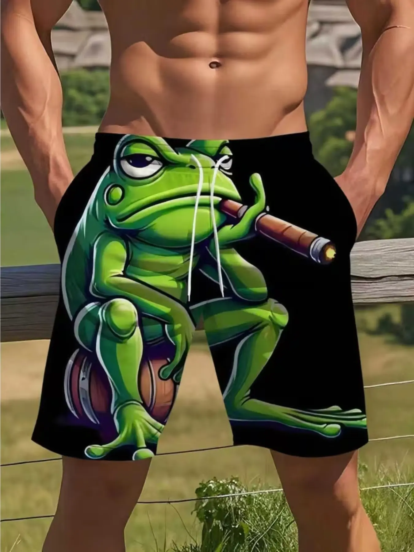 Funny Frog Print Men's Beach Shorts, Base Fun Pattern Loose Five-Quarter Pants, Casual Vacation Gym Shorts