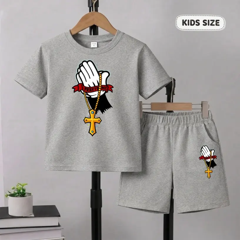 Boys' 2-Piece Pray & Cross Printed Short Sleeve T-Shirt & Shorts Set - Breathable Soft Kids Clothing, Children’s Size Casual Summer Boys Clothing for Daily/Outdoor Use