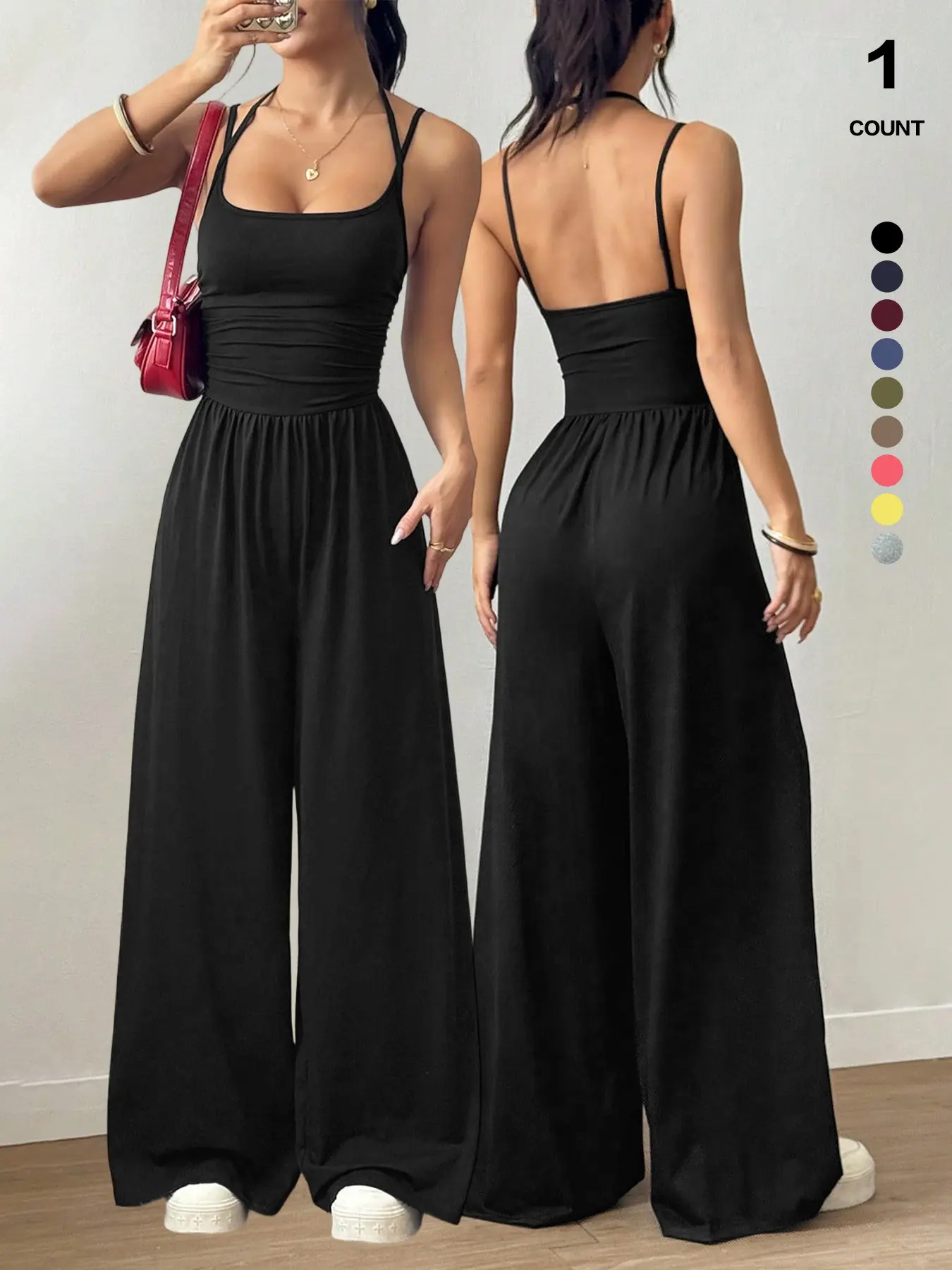 V-Neck Halter-Style Sleeveless Wide-Leg Flowy Jumpsuit, Open Back, Waist-Cinching Design, Chic Casual Minimalist Fitted Jumpsuit for Everyday Daily Wear, Lounging, Vacation