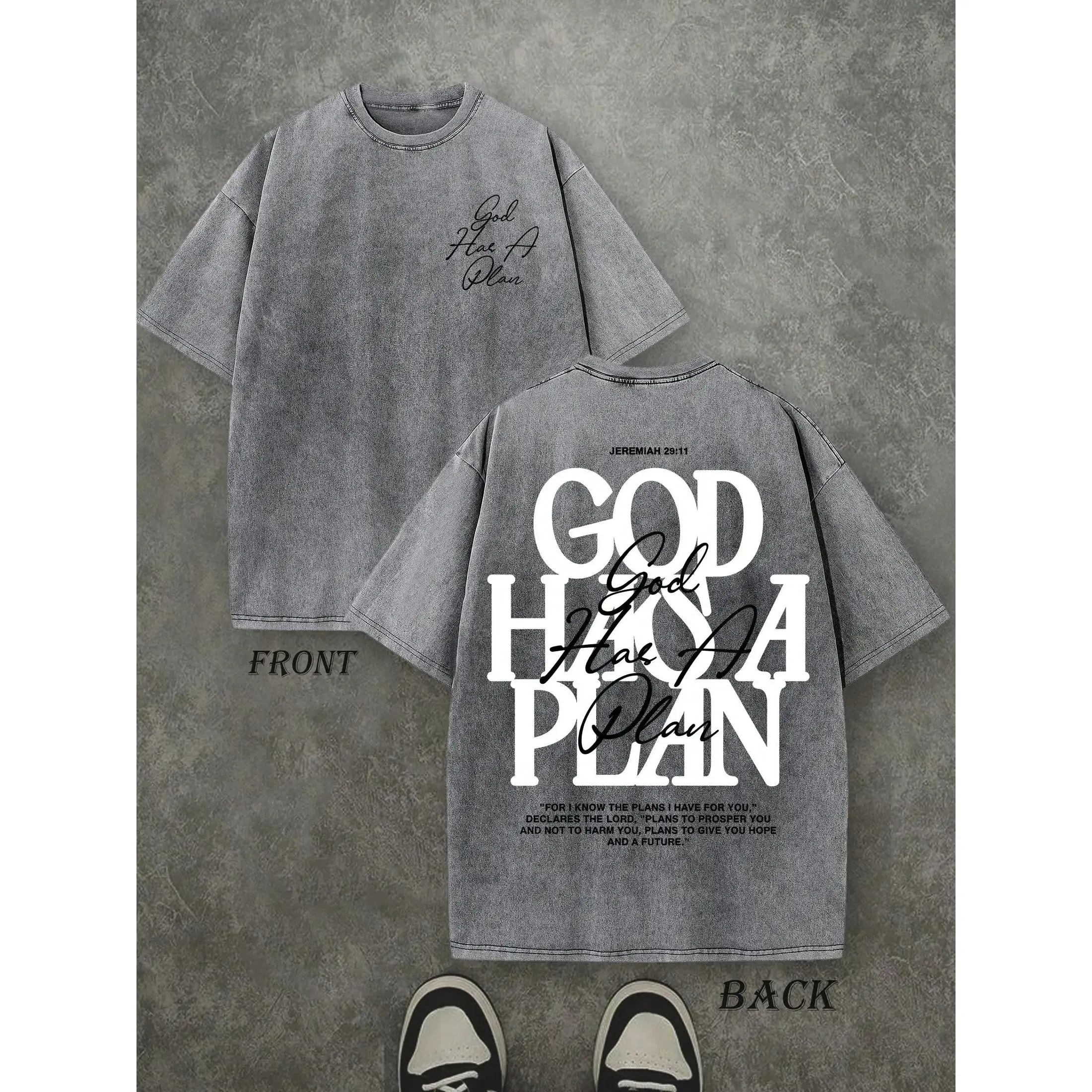 Vintage Washed "God Has a Plan" Double-Sided Print Tee |   230gsm Heavyweight Christian Streetwear, Unisex Wide-Shoulder Fit, High-Quality Cotton Casual Top for Men & Women