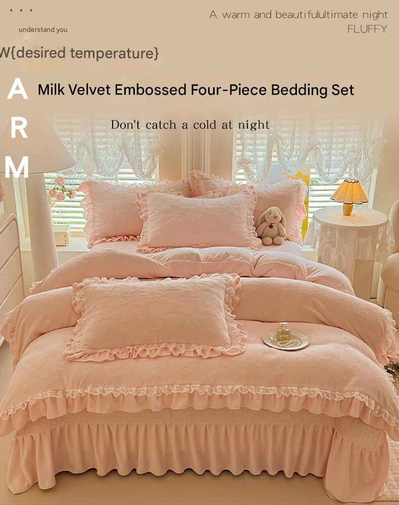 Korean-style French lace thickened milk velvet four-piece set with double-sided baby velvet and coral velvet duvet cover and quilted bed skirt