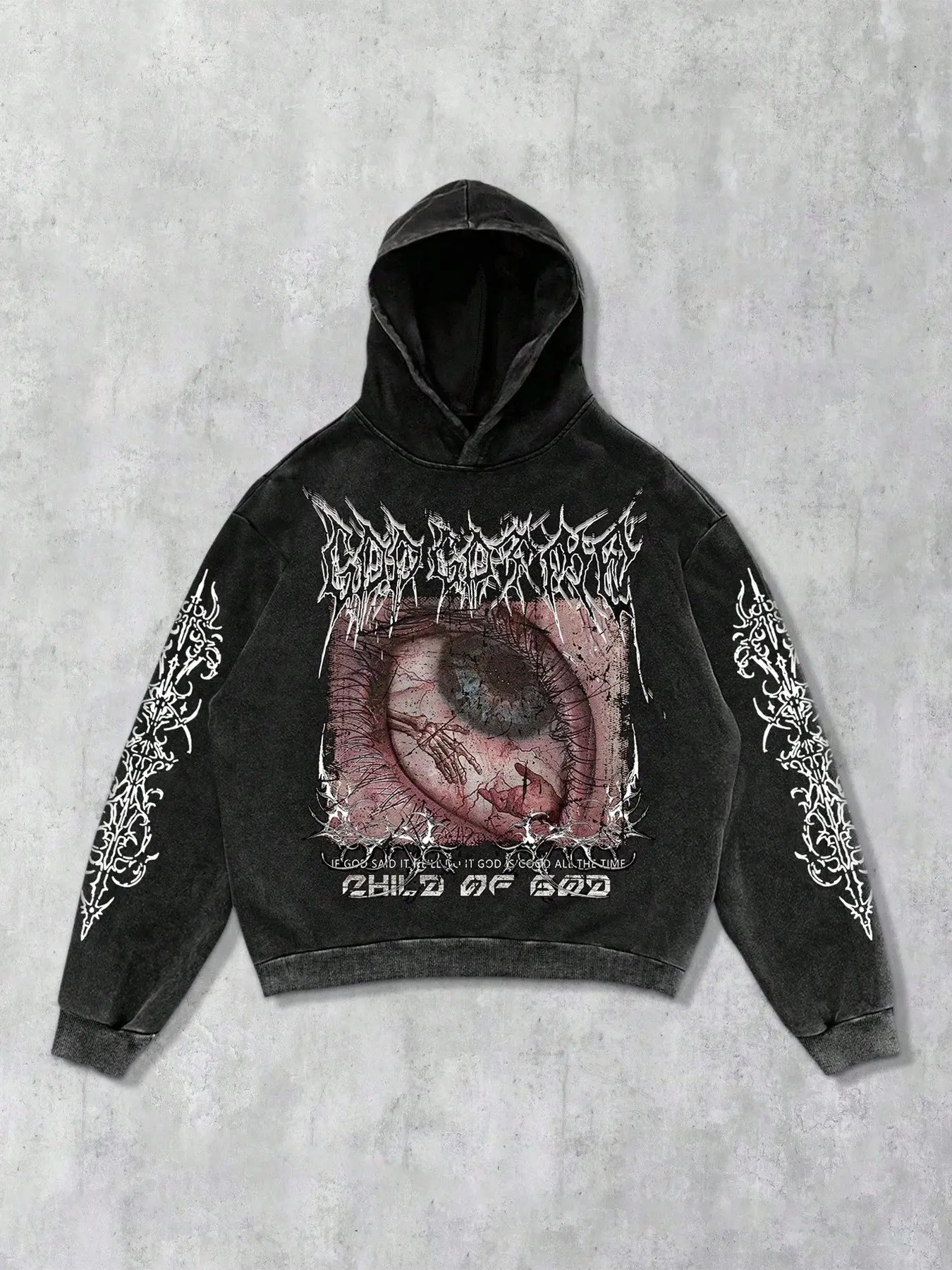 Men's Devil Eye Snowflake Washed Short Hoodie, Loose Fit Oversized Drop Shoulder Vintage Sweatshirt, Street Style Streetwear Couples Outerwear