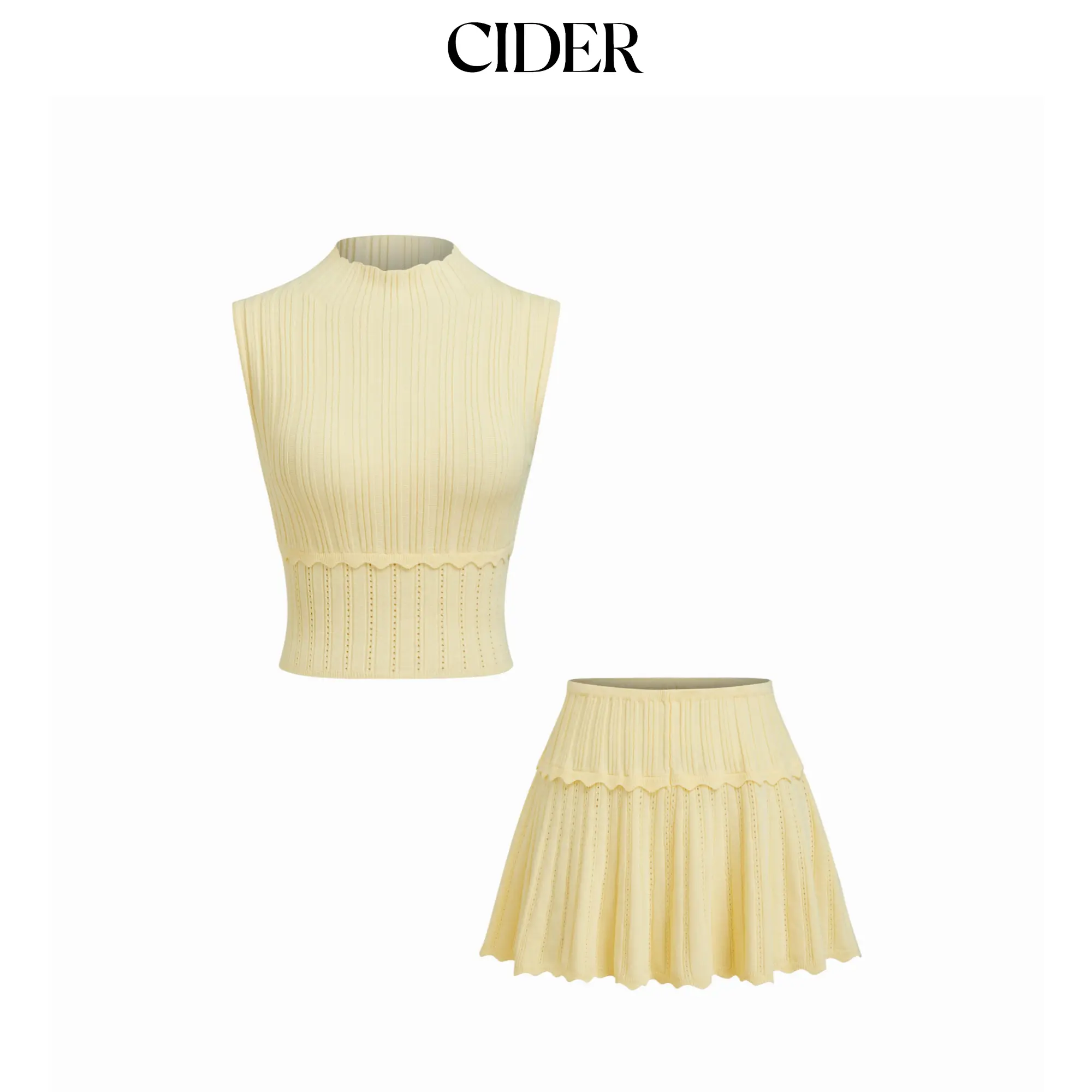 Cider Knit High Neck Lettuce Trim Top & Low Rise Mini Skirt Set