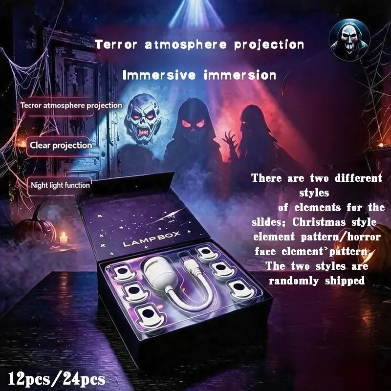 Halloween Projector Light with 12/24 Horror Face Slides, USB-powered Spooky Atmosphere Projection Night Light. Comes with multiple scary patterns to create eerie vibes for indoor Halloween parties, bedrooms and haunted house decorations.