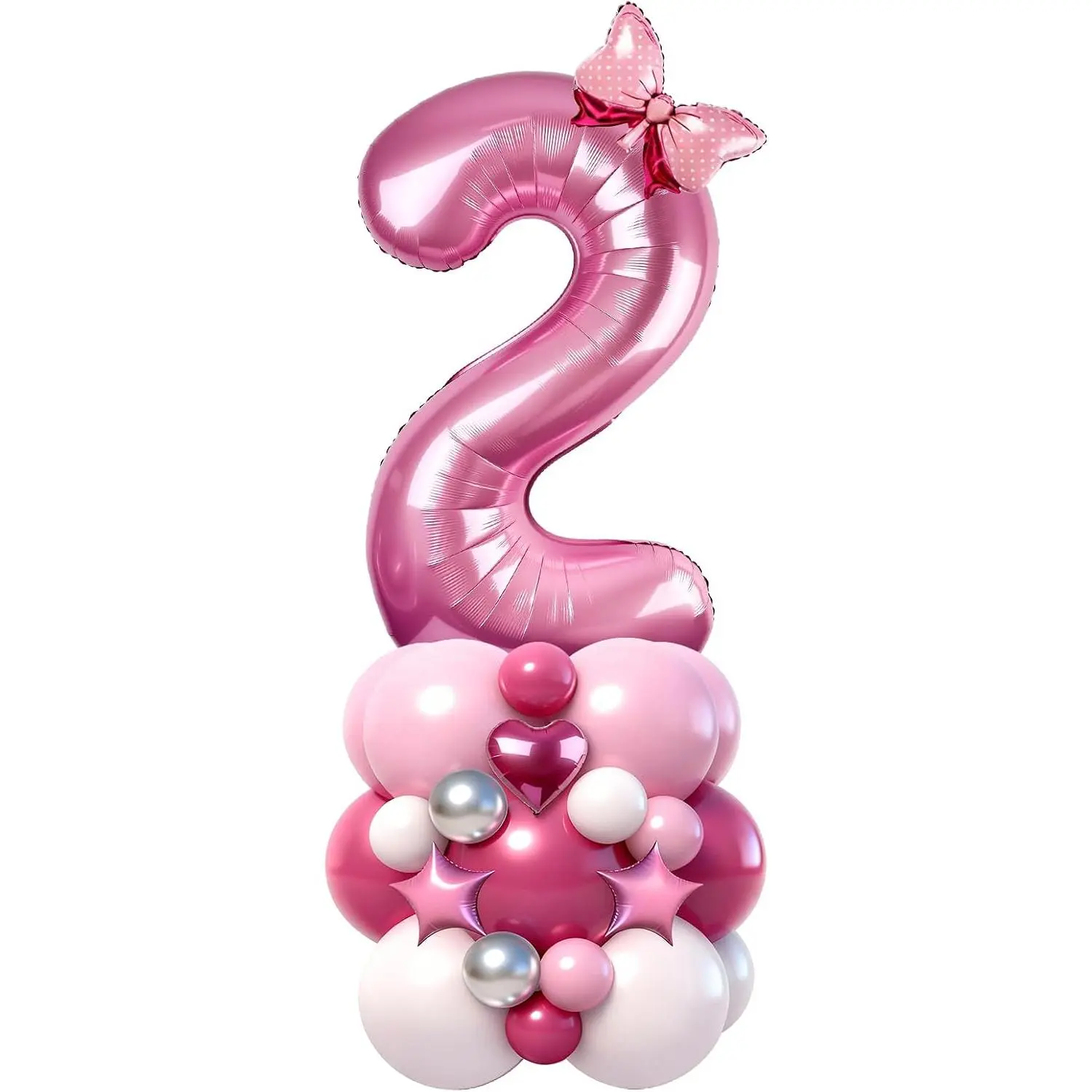 40 Inch  Number 2 Balloon Tower Set, Pastel Number Two Foil Balloon with Stars & Bow, 2nd Birthday Decorations for Girl, DIY Balloon Tower for Second Birthday Party