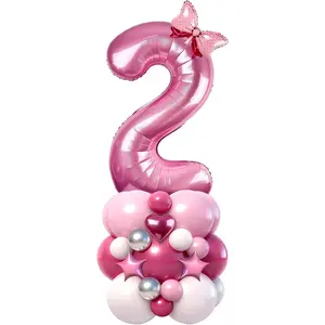 40 Inch  Number 2 Balloon Tower Set, Pastel Number Two Foil Balloon with Stars & Bow, 2nd Birthday Decorations for Girl, DIY Balloon Tower for Second Birthday Party