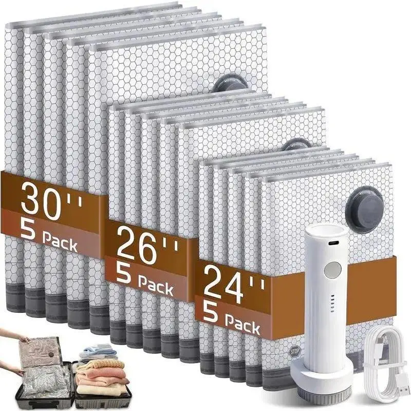 [2026 Upgraded] X7 Cordless Travel Suction Compressed Storage Bags Set with Rechargeable Pump – 15-Pack Waterproof Resealing Self-Sealing Reusable Bags (3 Sizes), 140L/Min Powerful Suction, 80% Space Saving, Carry-On Suitcase & Camping Essentials