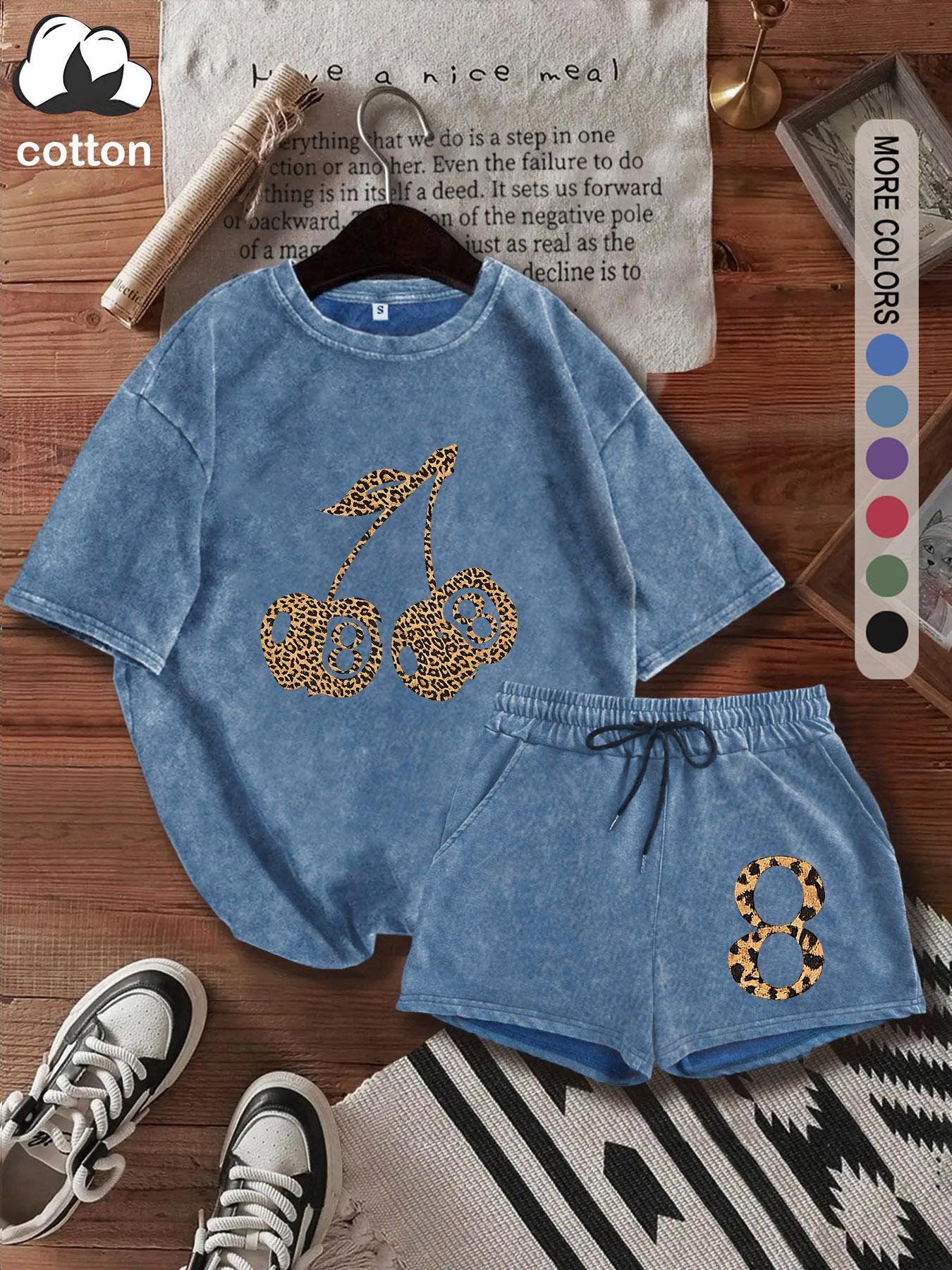 Summer women's suit with leopard and cherry pattern print, comfortable cotton, Breathable, vintage Y2k suitable for outdoor leisure, punk style round neck washed cotton Fitted T-shirt and shorts two-piece suit
