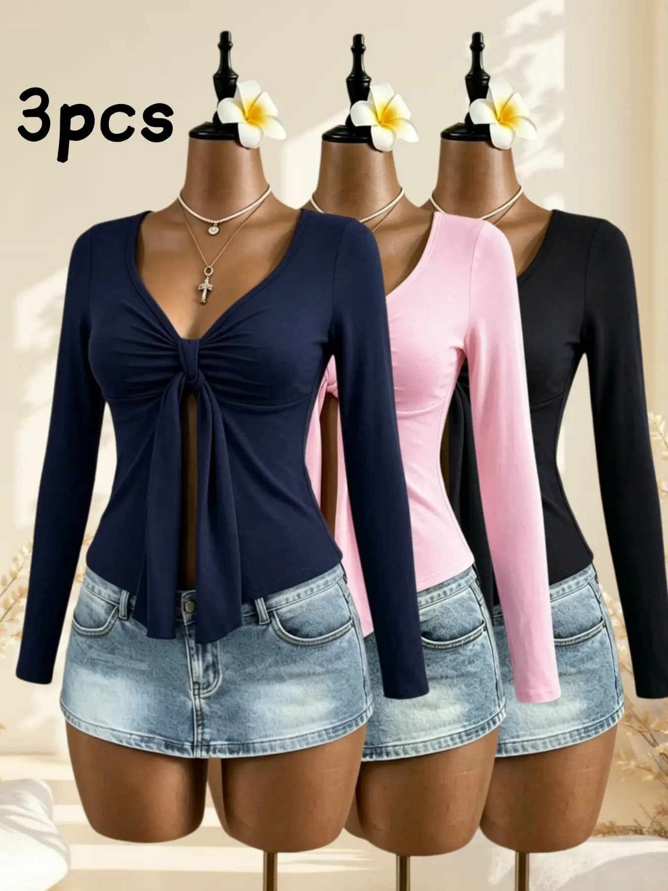 Women's Sexy Long Sleeve Wrap Cardigan Set, American Style Plain Color Solid Slim Fit Top, Fashionable Three-Piece for Women