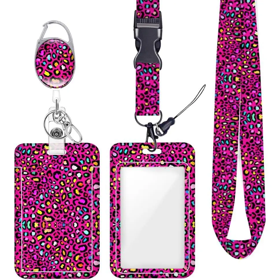 Colorful Rainbow Neon Leopard ID Badge Holder Badge Reel Lanyards for ID Badges Work Protector Retractable Carabiner Clips Heavy Duty Key Lanyard for Women Nurse  Musician Teacher Christmas