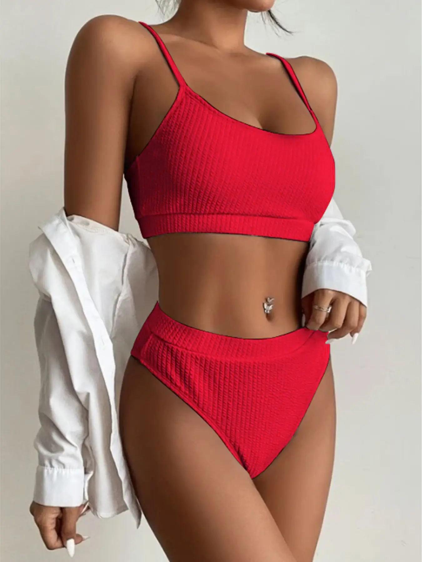 Women's Textured Bikini Set, Fashion Adjustable Strap Swim Top & High Waist Swim Bottom, Ladies Summer Clothes