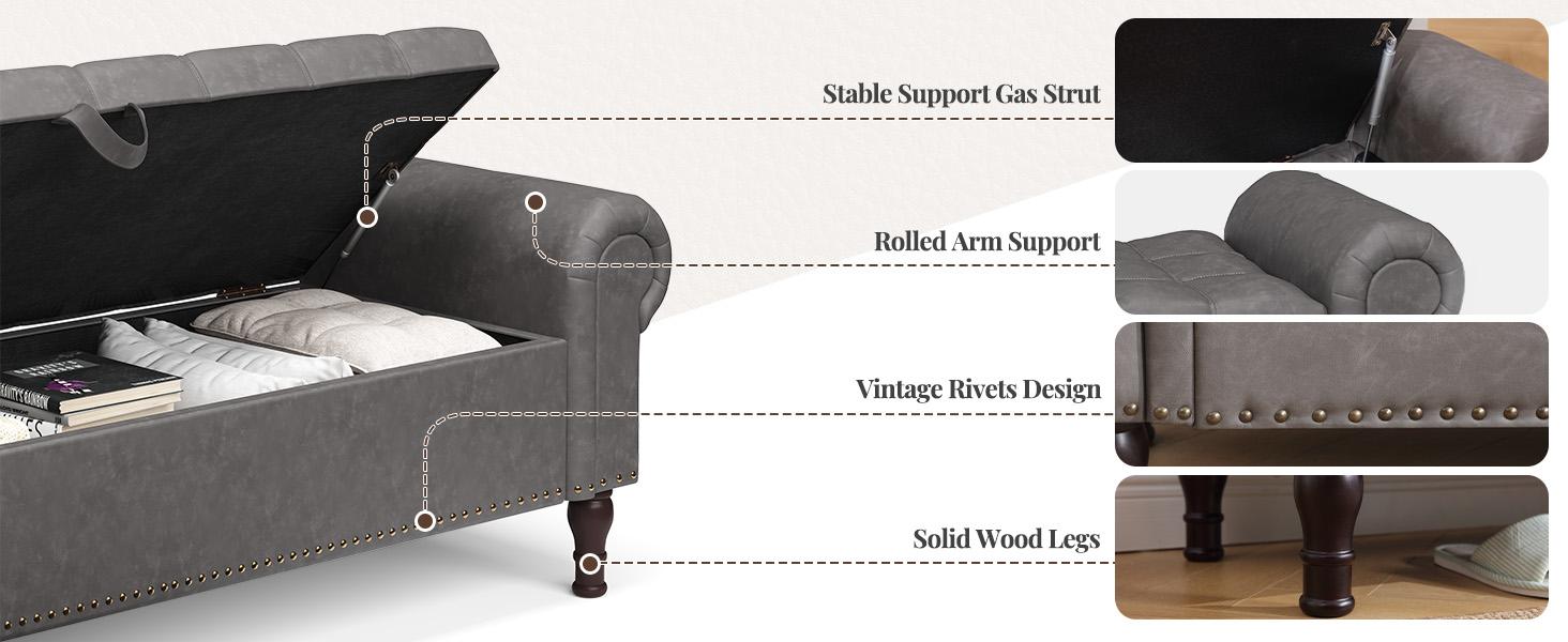 YOUDENOVA Storage Bench for Bedroom, 51/60" Queen/King Size Storage Bench, Cushioned Stool Upholstered Bedroom Bench with Rolled Arms and Vintage Rivets for Living Room, Storage Room, Entryway SpringBreak
