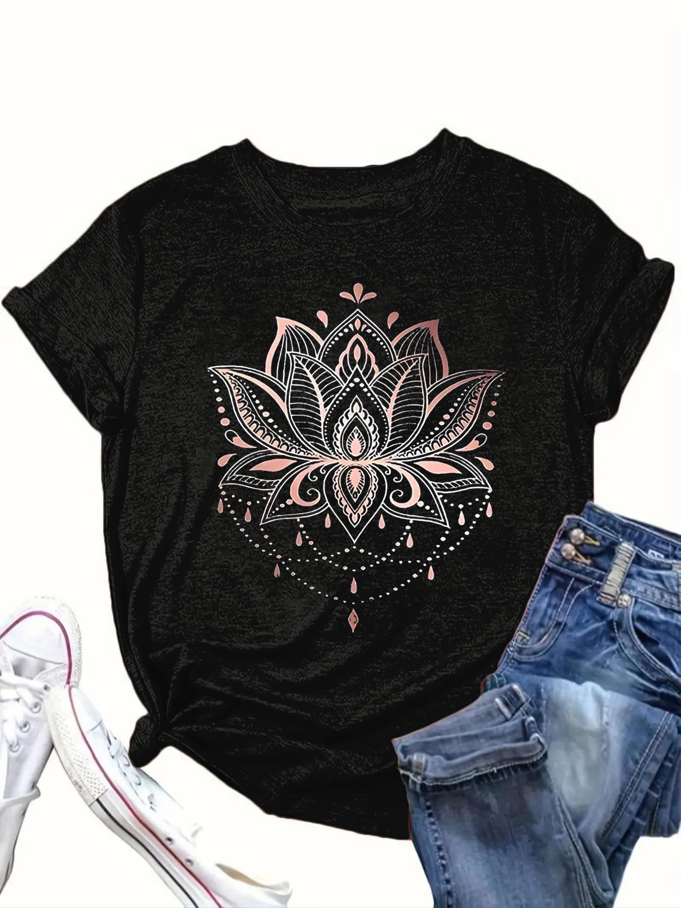 【Plus Size】 Lotus Graphic Tee, Boho Casual Crew Neck Short Sleeve Lightweight T-shirt for Daily Holiday Vacation Wear, Women Clothing for All Seasons