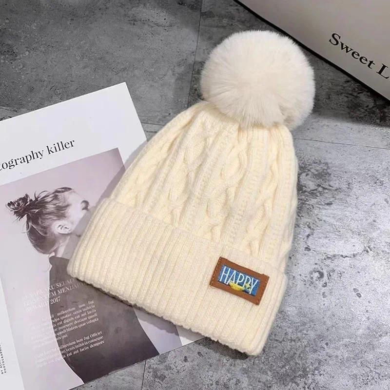 3pcs Autumn and Winter Women's Pompom Knitted Hat Women Solid Color Thicken Plush Beanie Cap Female Autumn Warm Crochet Hats