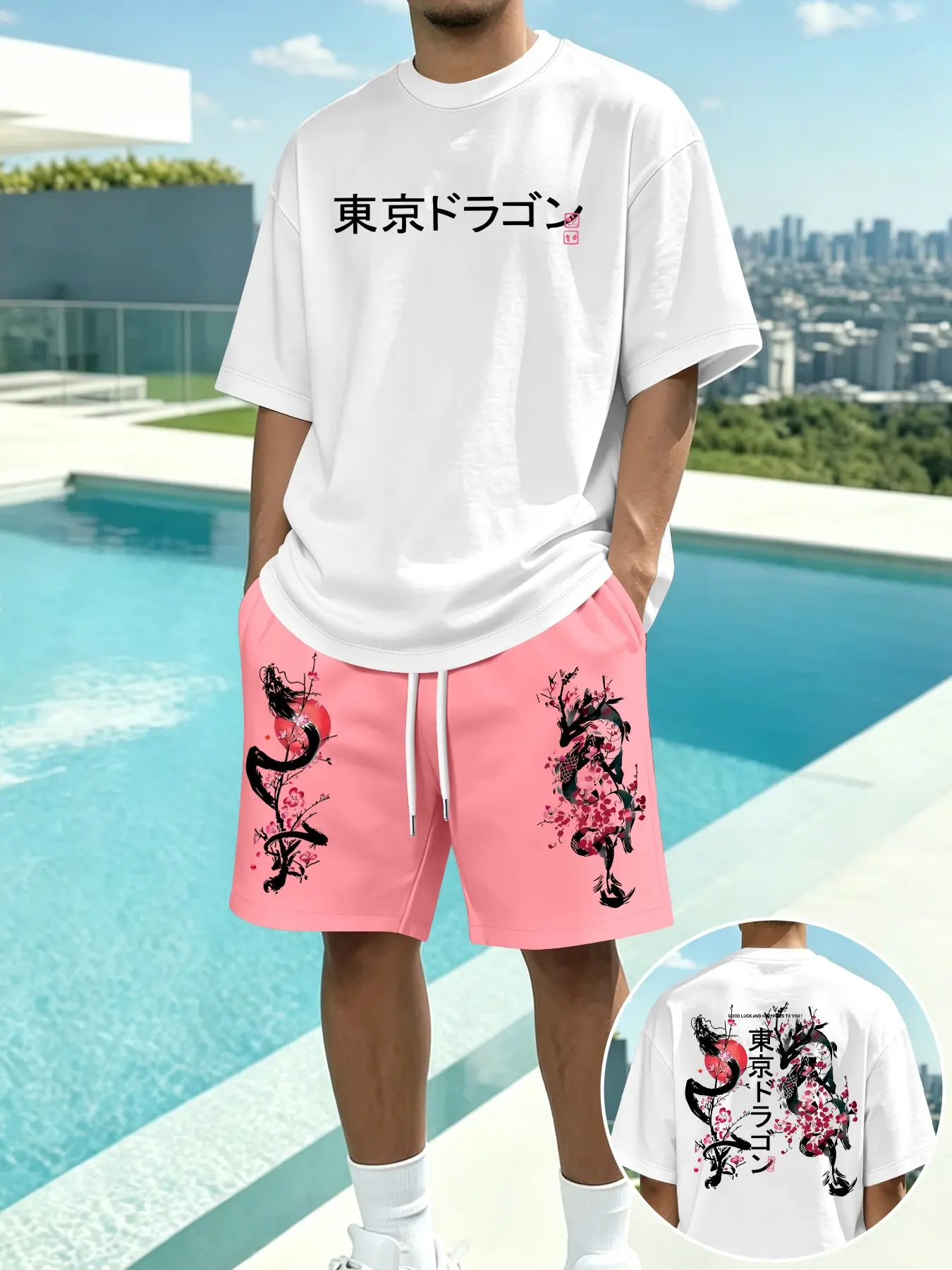 Summer Men's Tokyo Dragon Cherry Blossom Print Short Sleeve Shorts Set, Block Loose Casual 2-Piece Set, Vacation Street Fashion Sports Set