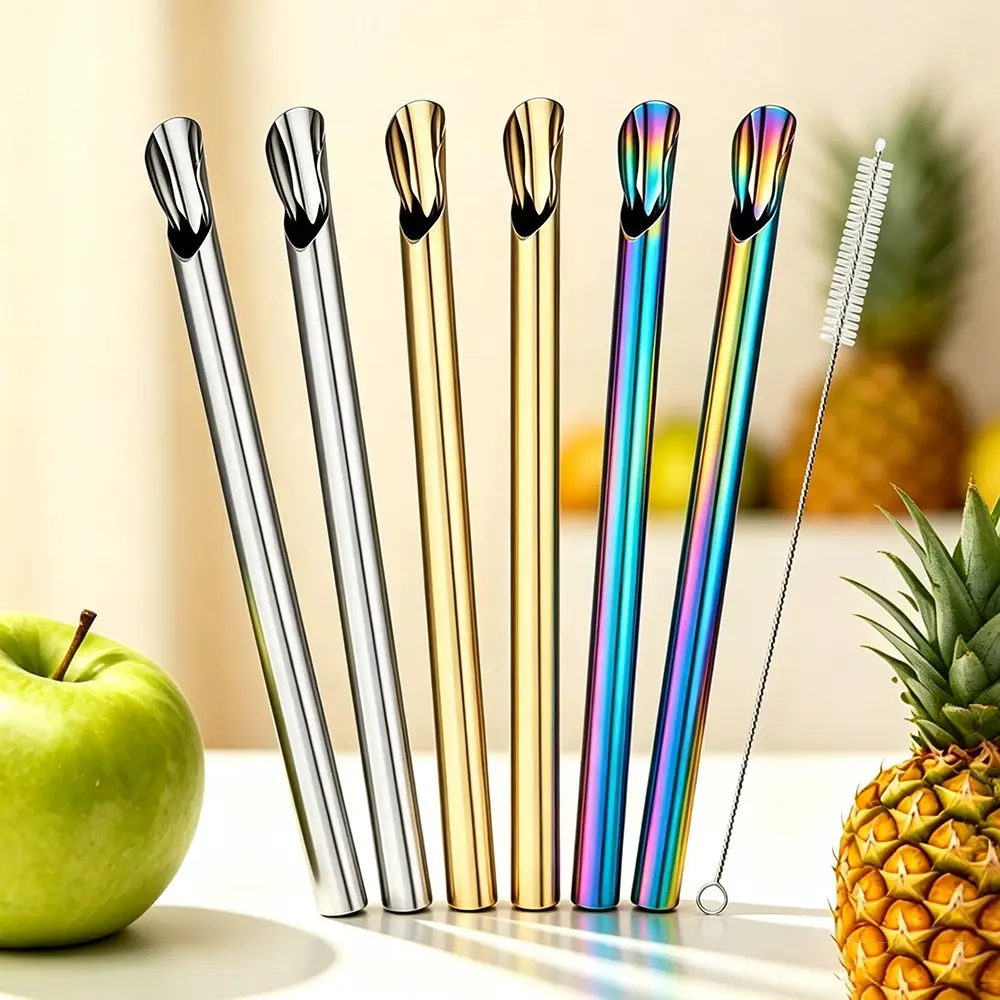 7-Piece Set Durable Straw Spoons, Portable Straw Cup Stirrers, Reusable Stainless Steel Spoons for Cheese Egg Sauce, Easy to Carry