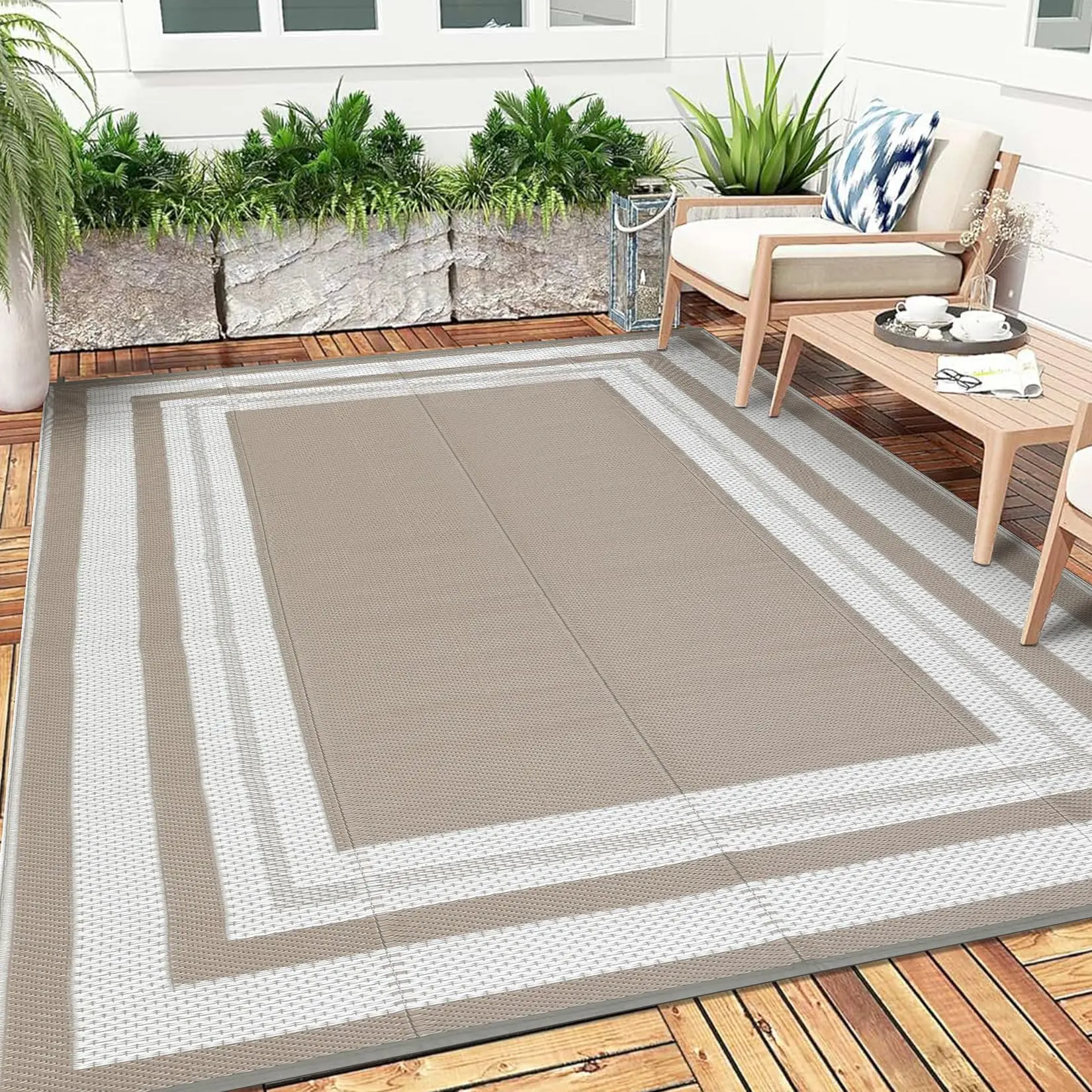 GARVEEOutdoor Waterproof Reversible Plastic Straw Rugs in Multiple Sizes and Colors - Modern Washable, Foldable Outdoor Carpet Panels for Patio, Camping, Porch, Deck, Backyard, Camper, Balcony, Picnic, and RVs