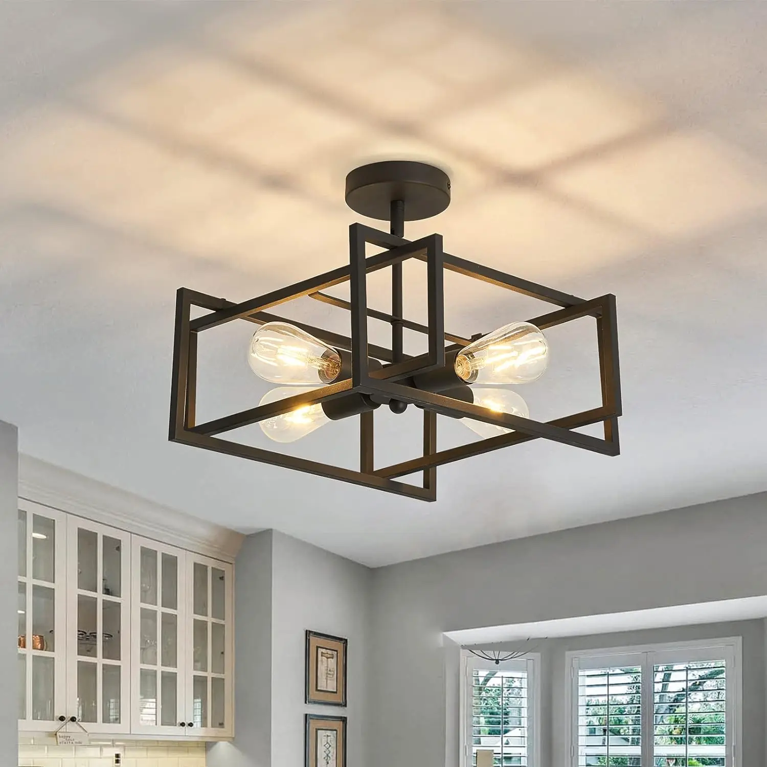 4-Lights Close to Ceiling Light，Black Light Fixture Industrial Flush Mount Ceiling Light ，Farmhouse Chandelier Lighting for Kitchen Island Dining Room Bedroom Foyer Hallway