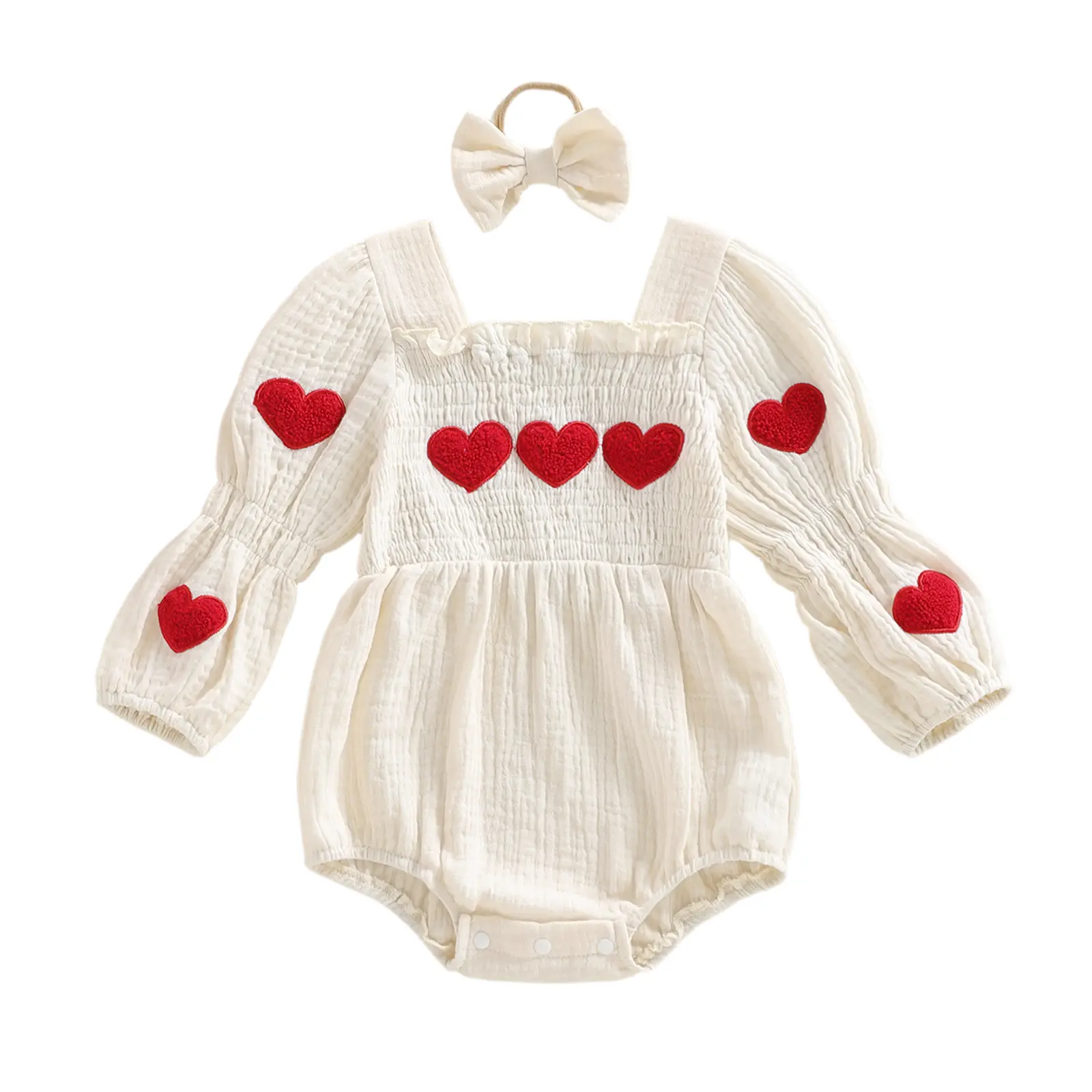 Baby Girl Valentines Day Outfit Bubble Romper Short Sleeve Newborn Toddler Heart Embroidery Smocked Onesie Vintage Clothes