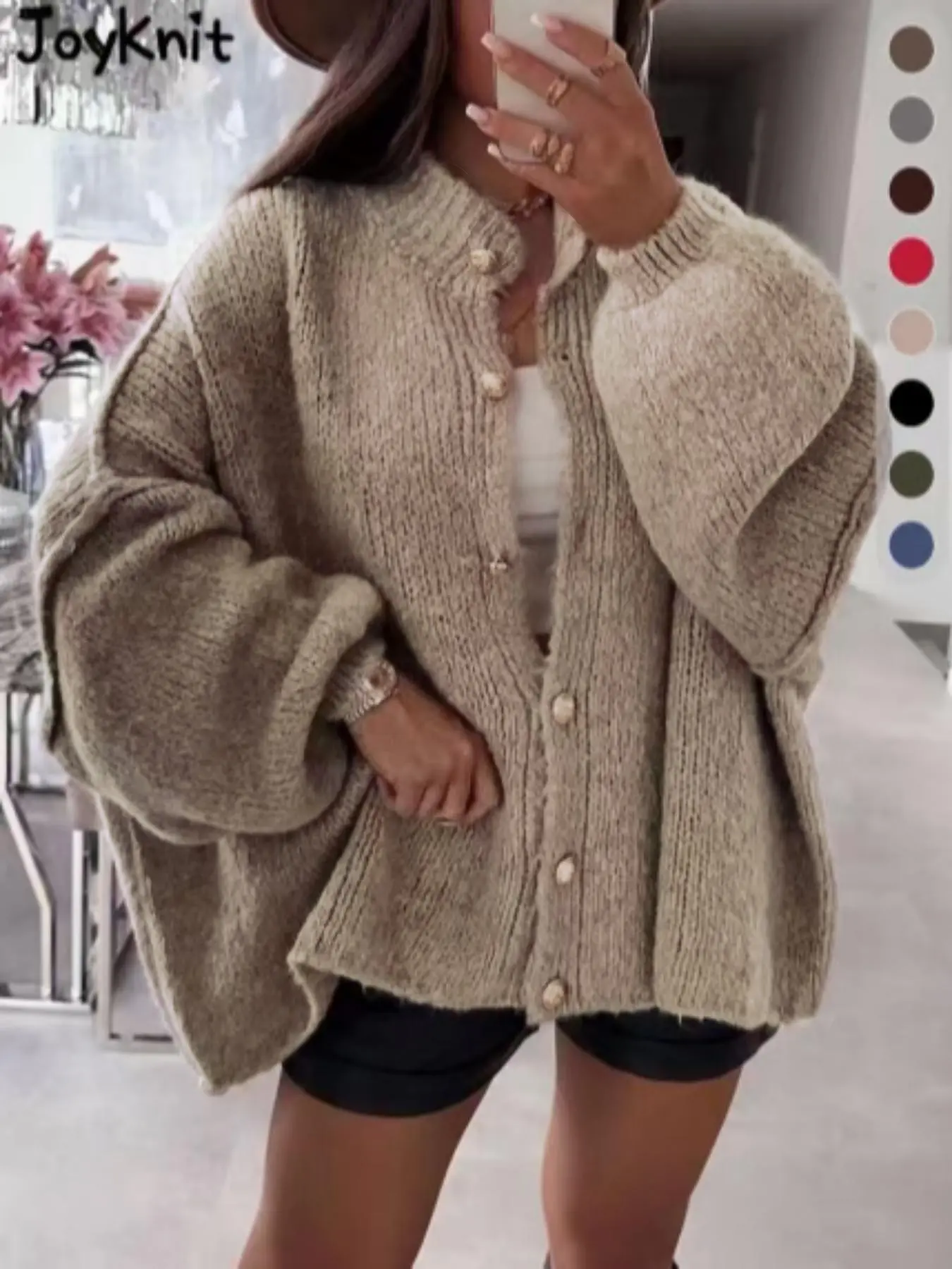 Plus Size Women's Fashion Knit Cardigan, Boho Style Loose-Fitting Long Sleeve Sweater, Metal Button, Fall Winter, Buy One Size Smaller