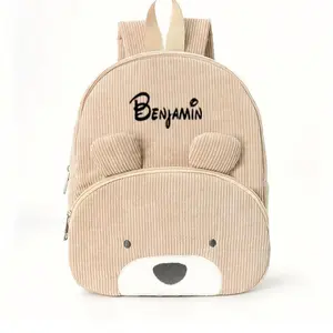 Customized Name Toddler Backpack Cartoon Bear Corduroy Large Capacity Backpack Embroidered Name Backpack Plush Bag