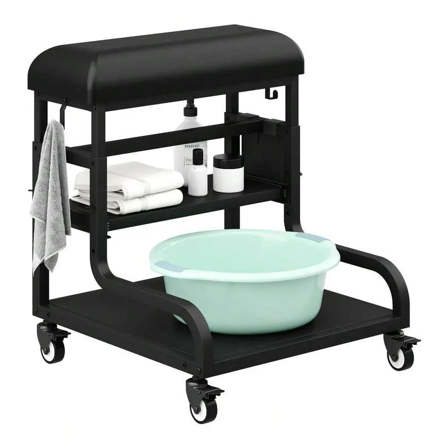 Pedicure Foot Rest Stool With PU Cushion, 3-Level Adjustable Height, Storage Shelf & Locking Wheels, Mobile Pedicure Cart Foot Bath Trolley, Nail Salon Station Home, Beauty Salon, Massage And Professional Nail Technician Use