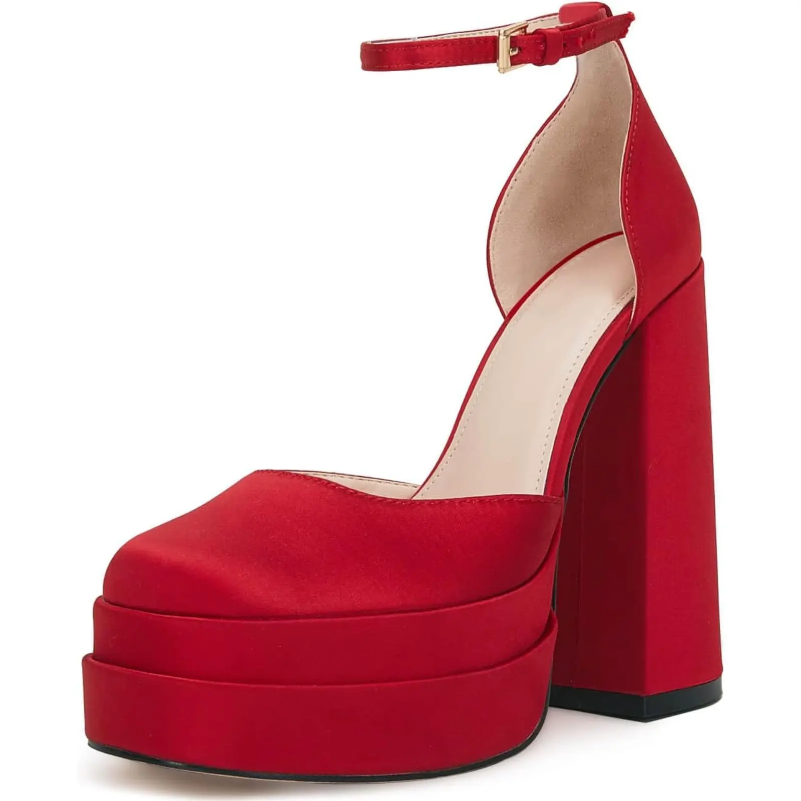 Coutgo Women's Elegant Satin Platform Pumps, Classy Chunky High Heels with Ankle Buckle Strap for Party Wear, Silk, Footwear, Stylish