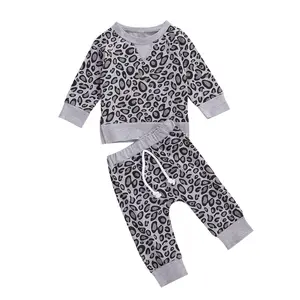 Toddler Baby Boy Girl Summer Clothes Set Round Neck Long Sleeve Leopard Sweatshirt Pullover Top and Matching Elastic Waist Pants 2Pcs Kids Casual Outfits