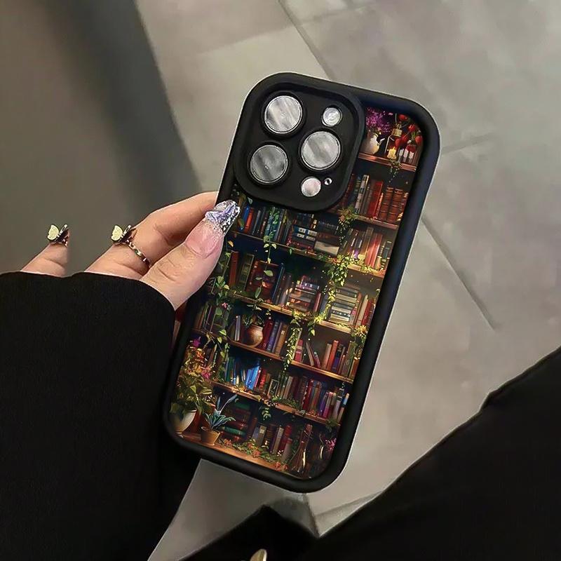 Phone case:Black Creative Bookshelf Book Pattern Anti-Drop Phone Case, Compatible with iiPhone 17 E Air Pro ProMax iPhone16 15 14 Plus 13 12 Mini 11 X XS XR, Aesthetic Black Phone Case, Birthday Gift for Boyfriend/Girlfriend, Cartoon Gift for Him and Her