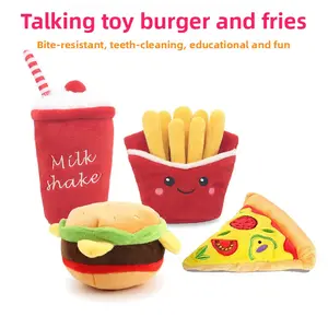 Pet hamburger plush toy, with sound effects, includes french fries, hamburger, milkshake cup, and comes with crinkle paper and squeakers