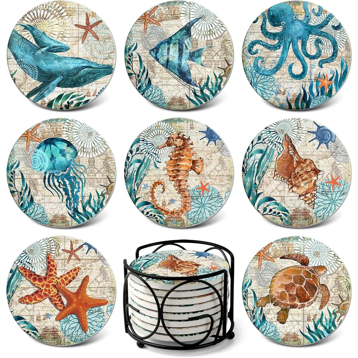 8-Piece Ocean Life Absorbing Stone Drink Coasters with Cork Base & Holder, Coastal Beach Tropical Decor for Housewarming, Kitchen, Wooden/Coffee Tables, 8 Pieces